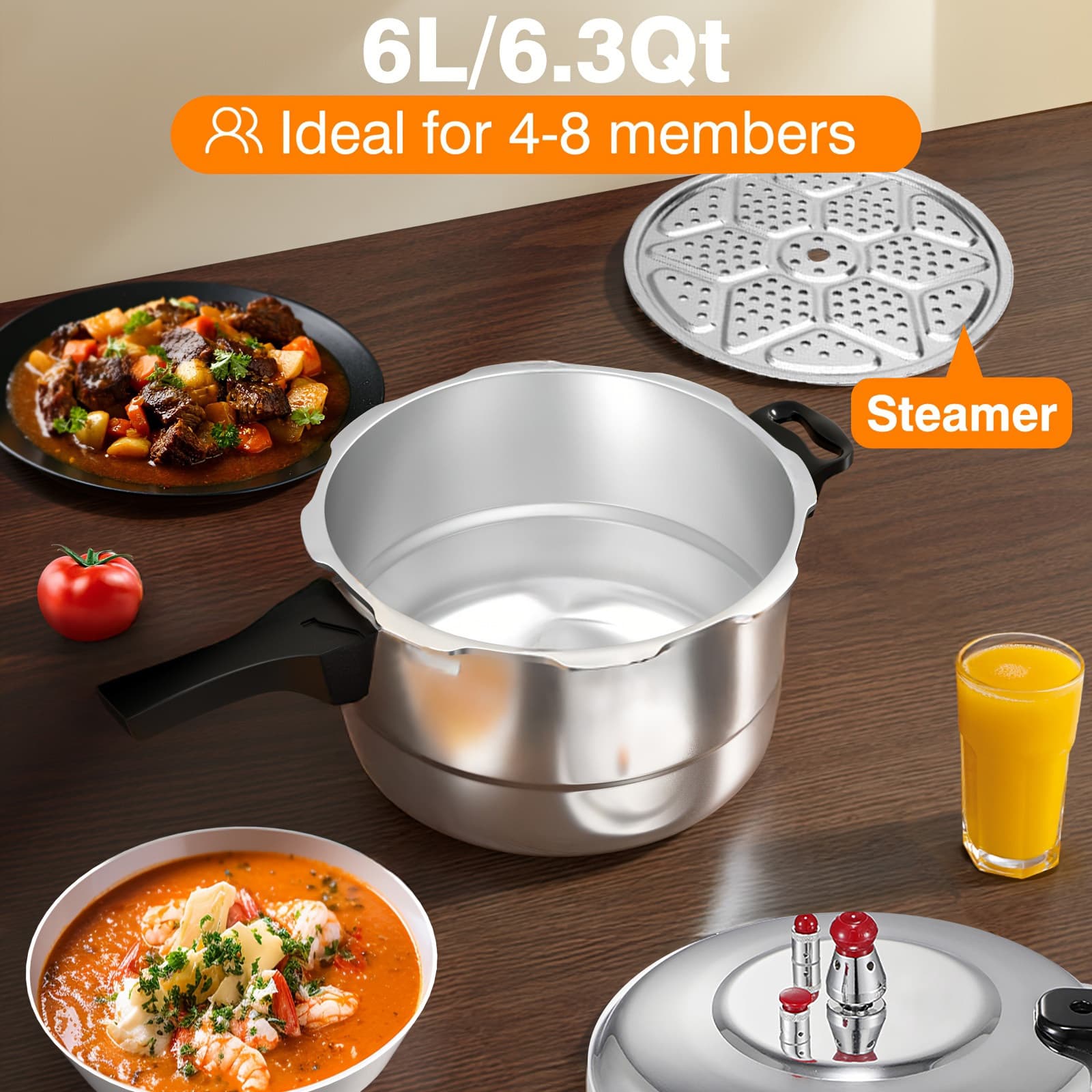 TEMU 7l Aluminum Pot With Lid, 24cm Polished Steamer With Release Valve And Multiple Protection Devices, Compatible With Gas And Induction Cookers, With Steaming Net