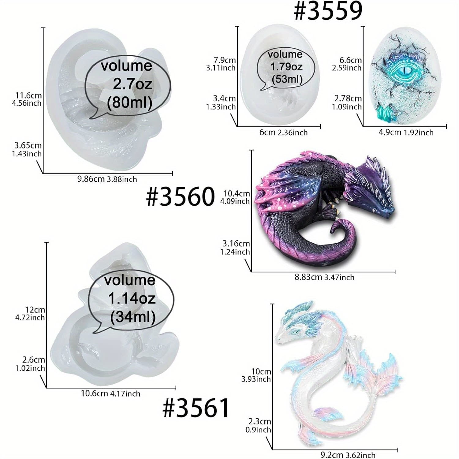 TEMU 3pcs Dragon Epoxy Resin Silicone Molds Set For Fondant Cake Decorating, Concrete, Cement, Polymer Clay, Around 3inch Large