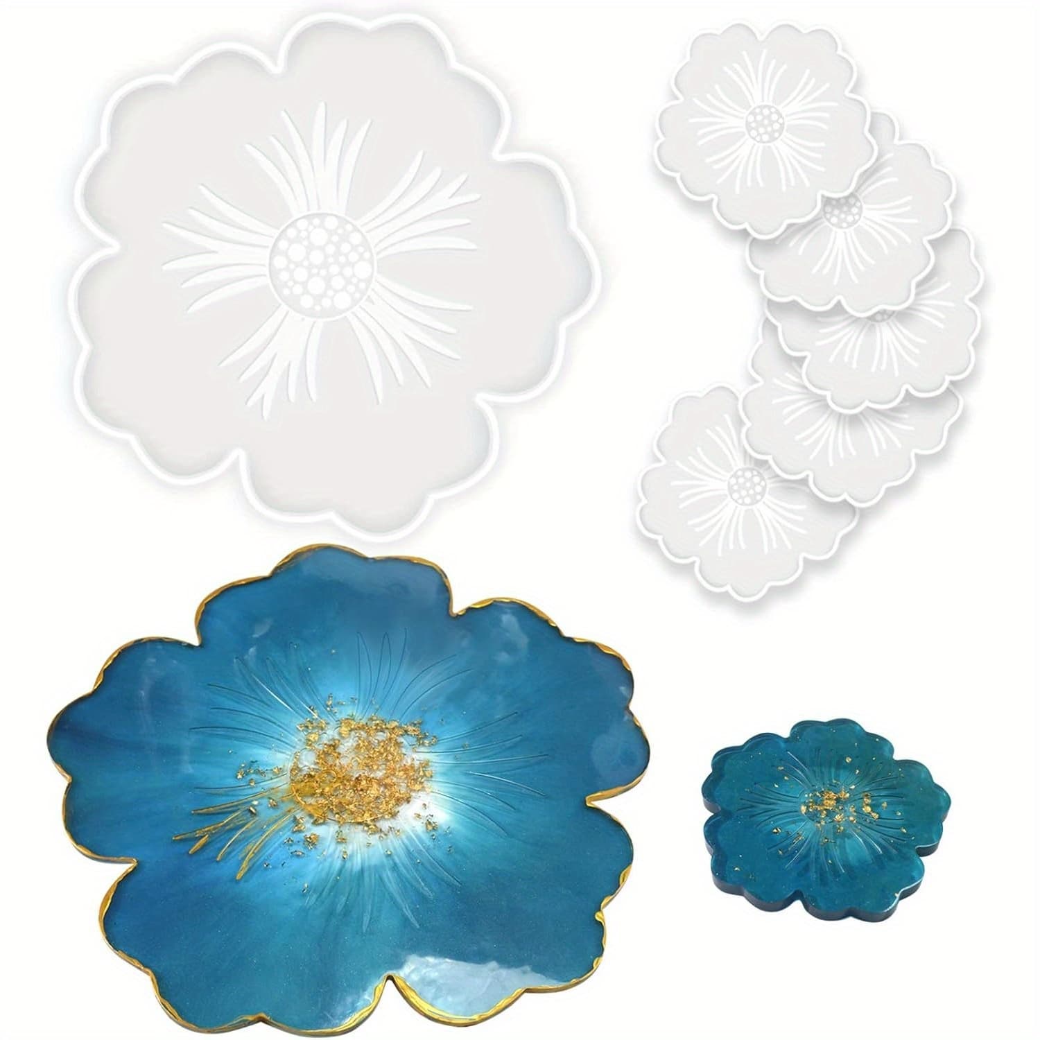 TEMU Silicone Resin Molds, 1pc Large Resin Tray Mold And 5pcs Coaster Molds For Resin Casting, Flower Shape Epoxy Resin Casting Molds For Diy, Home Decoration, Table Wine Tray-6pcs