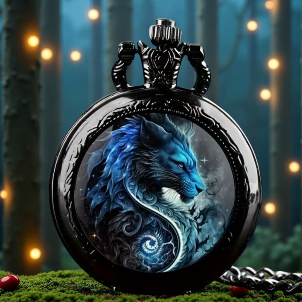 TEMU Colorful Blue Dragon Glass Round Quartz Pocket Watch With Chain, Creative Dressing Watch, Jewelry, Unique New Year Christmas Birthday Gift
