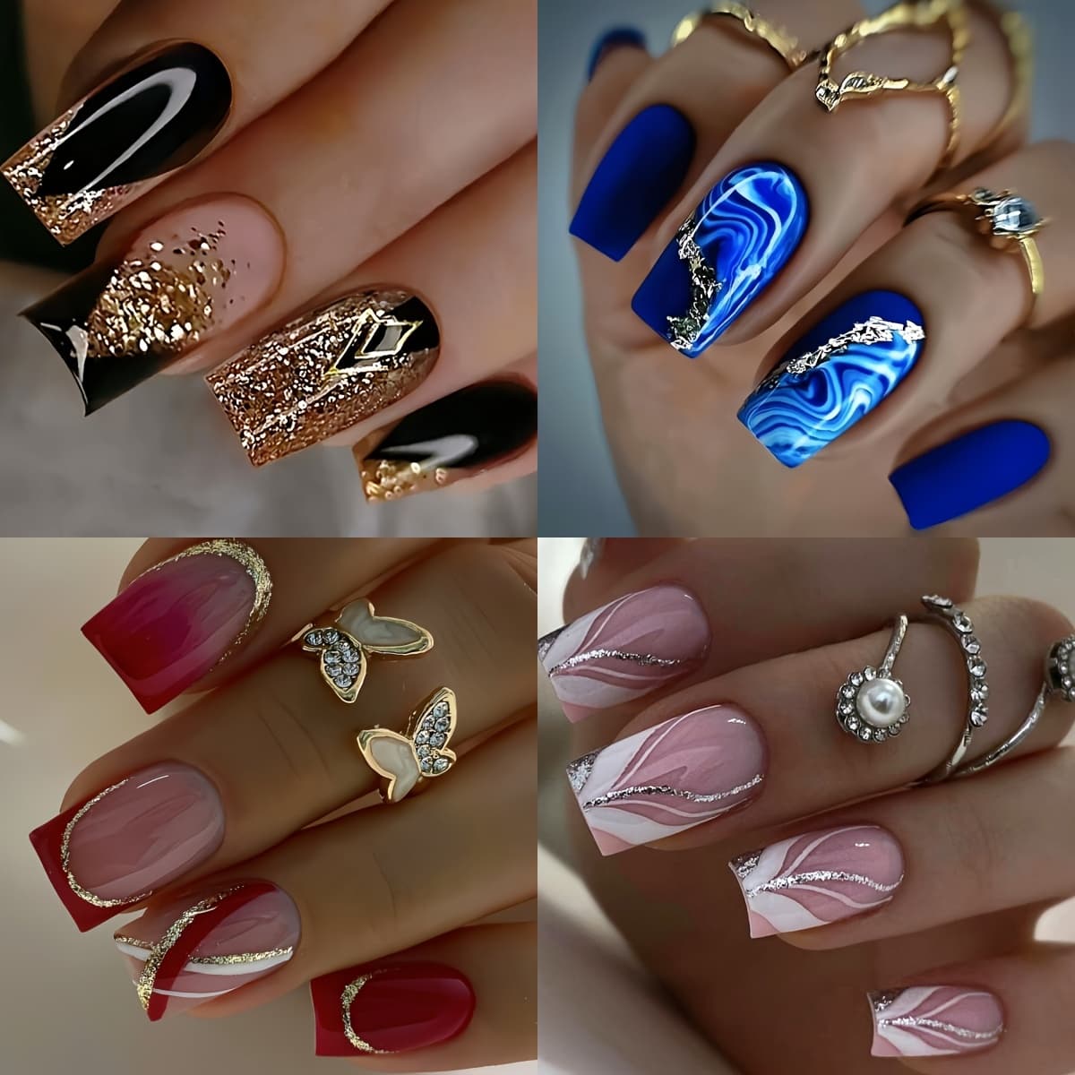 TEMU Set Of 96 Press-on Nails Featuring A Of Colors Including Black, Blue, Red, And Pink, Designed In Shape With A Medium Length. The Nails Showcase Gradient And Striped Patterns With A Glossy End