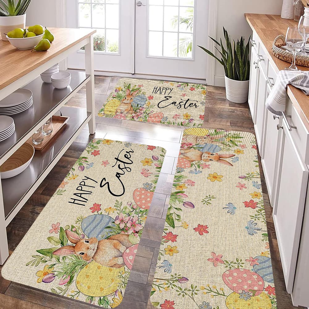 TEMU 2pcs/3pcs, Home Soft And Lightweight Kitchen Mat Set, Easter Floral Rabbit , Non-slip, Washable, High Quality Mat, Flannel Material, Kitchen, Home, Office, Sink, Laundry Room, Holiday Decoration