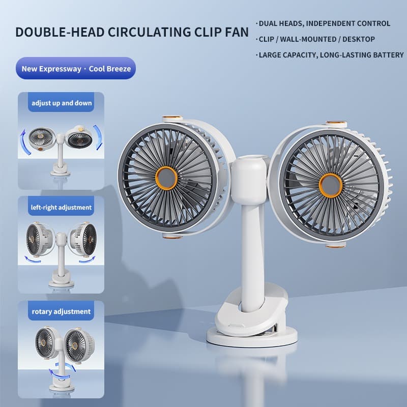 TEMU The Dual-head Fan Is A Device Perfect For Outdoor Camping, Catering To The Cooling Of Individuals. It Boasts , Extended , On A Desk, Operates