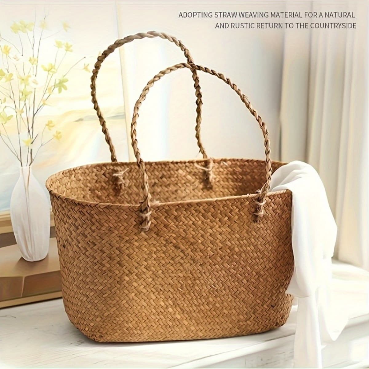 TEMU Large Vintage Hand-woven Straw Shopping Basket With Long Handles – Perfect For Outdoor Picnics, Beach, And Home Decor, Picnic Basket, Rustic Style, Storage Container