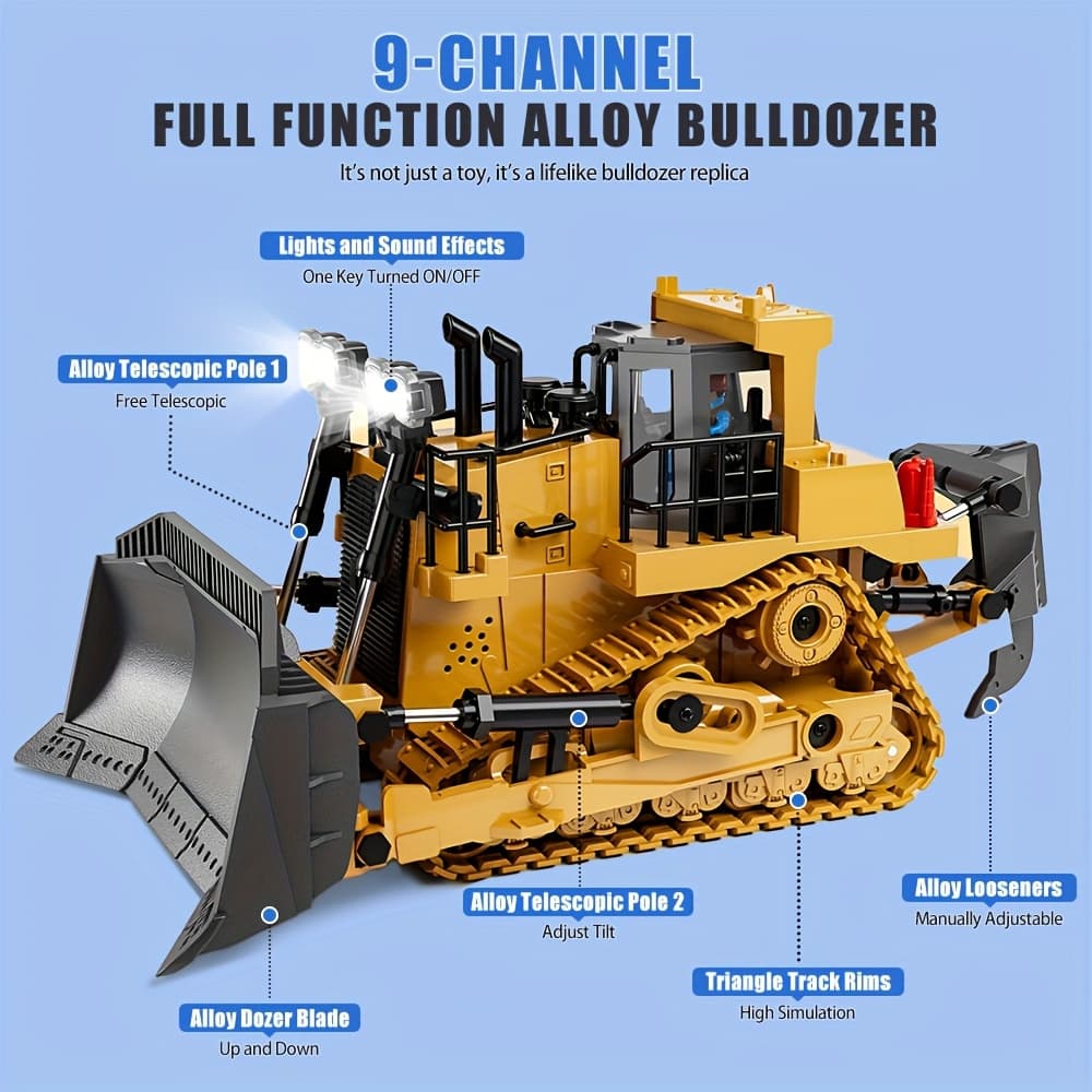 TEMU Tioyg 9-channel Remote Control Bulldozer, 2.4ghz Yellow Construction Vehicle With Alloy Metal , Lights And Sounds, Usb Rechargeable Battery - Ideal Birthday Gift For Boys, Girls, And Adults