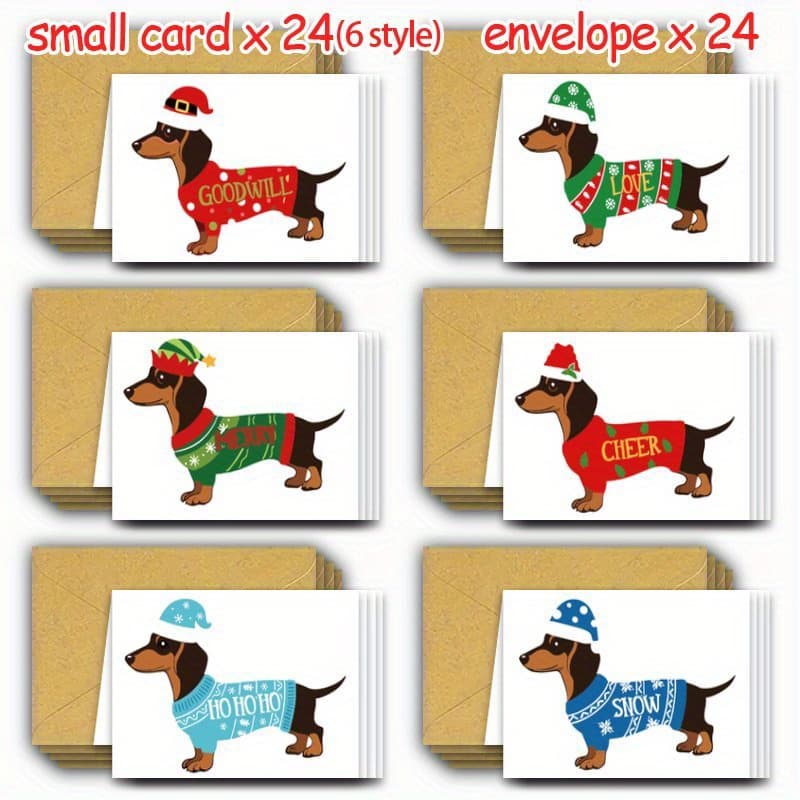 TEMU 24-pack Dachshund Christmas Cards With Envelopes, Funny Holiday Greetings, Assorted Blank Thank You Notes, New Year & Gift Cards, Cartoon Animal Themed, Paper, For Everyone, Christmas Wishes