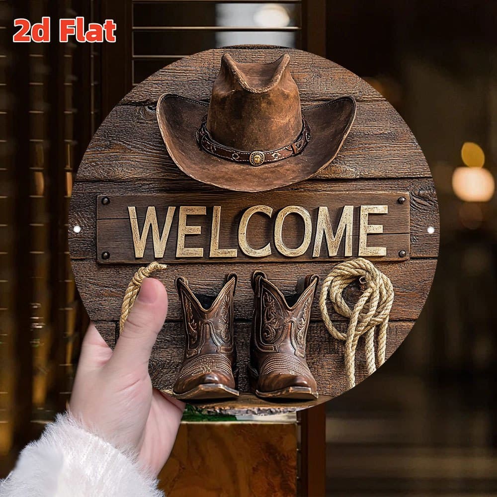TEMU 2d Flat "western Cowboy Welcome Sign" | | Leather And Horseshoe Design, Decor Round Plaque - Durable Indoor/outdoor Hanging Sign (19.79x19.79 Cm), Aluminum