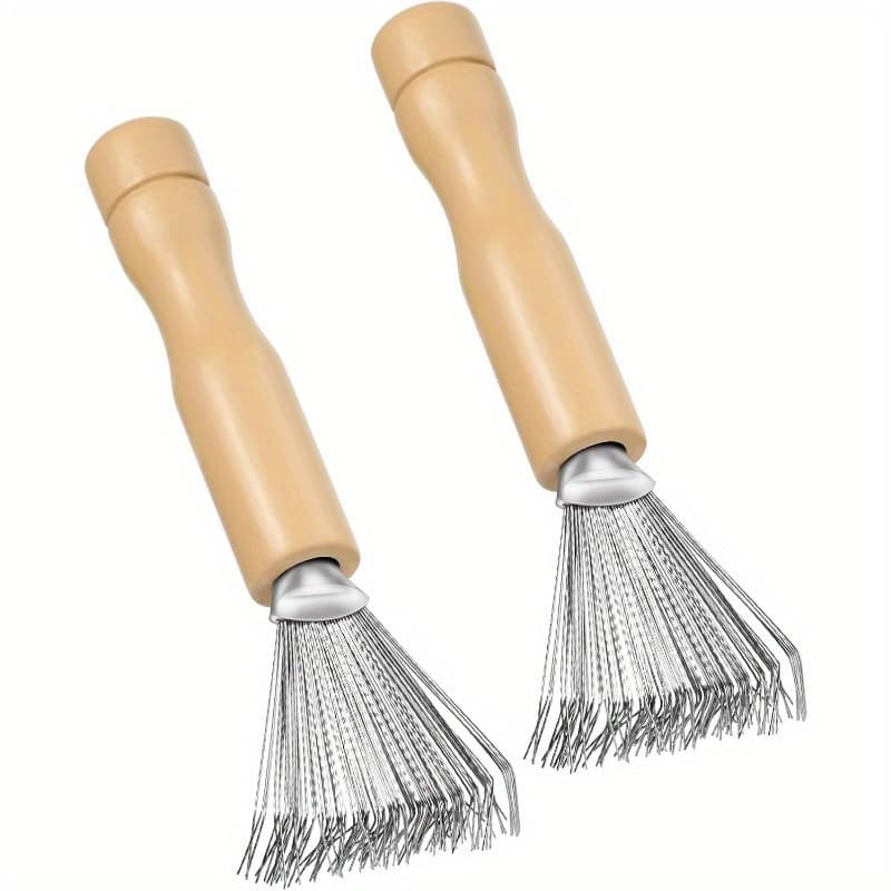 TEMU Set Of 2 Hairbrush Cleaning Tools, Compact Dirt Removal Brushes Featuring A Metal Wire Rake And A Wooden Handle, Suitable For For Home And Salon Applications (handle Designed With A ) From