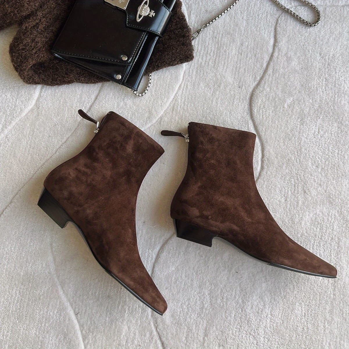 TEMU 2025 New Autumn Winter Back Zipper Korean Style Ankle Boots Slim Boots Square Toe Chunky Heel Short Boots For Women, Women Shoes
