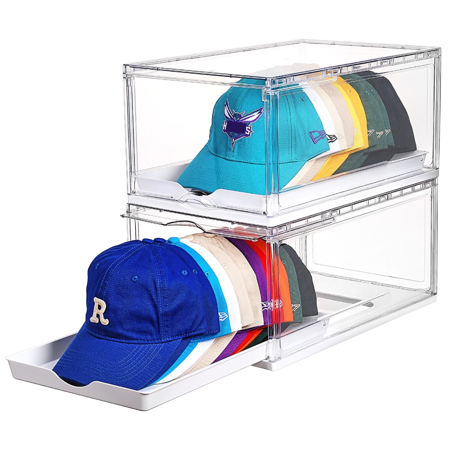 TEMU 2 Pack Clear Hats Holder Box | Hat Organizer For Baseball Caps, Large Storage With Sliding Tray, Stackable Rack Display Case With Magnetic Door, Each Holds 12 Hats, Plastic Material By