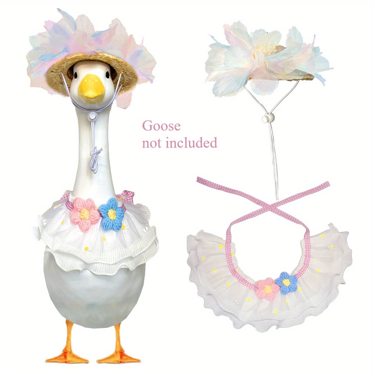TEMU 23 Inch Porch Goose Statue Dress Outfit, Summer Lace Daisy Fairy Skirt With Colorful Tulle And Floral Hat, Cute Goose Costume For Outdoor Yard Decor, Wedding Photo Prop, Fun Lawn Goose Dress Up