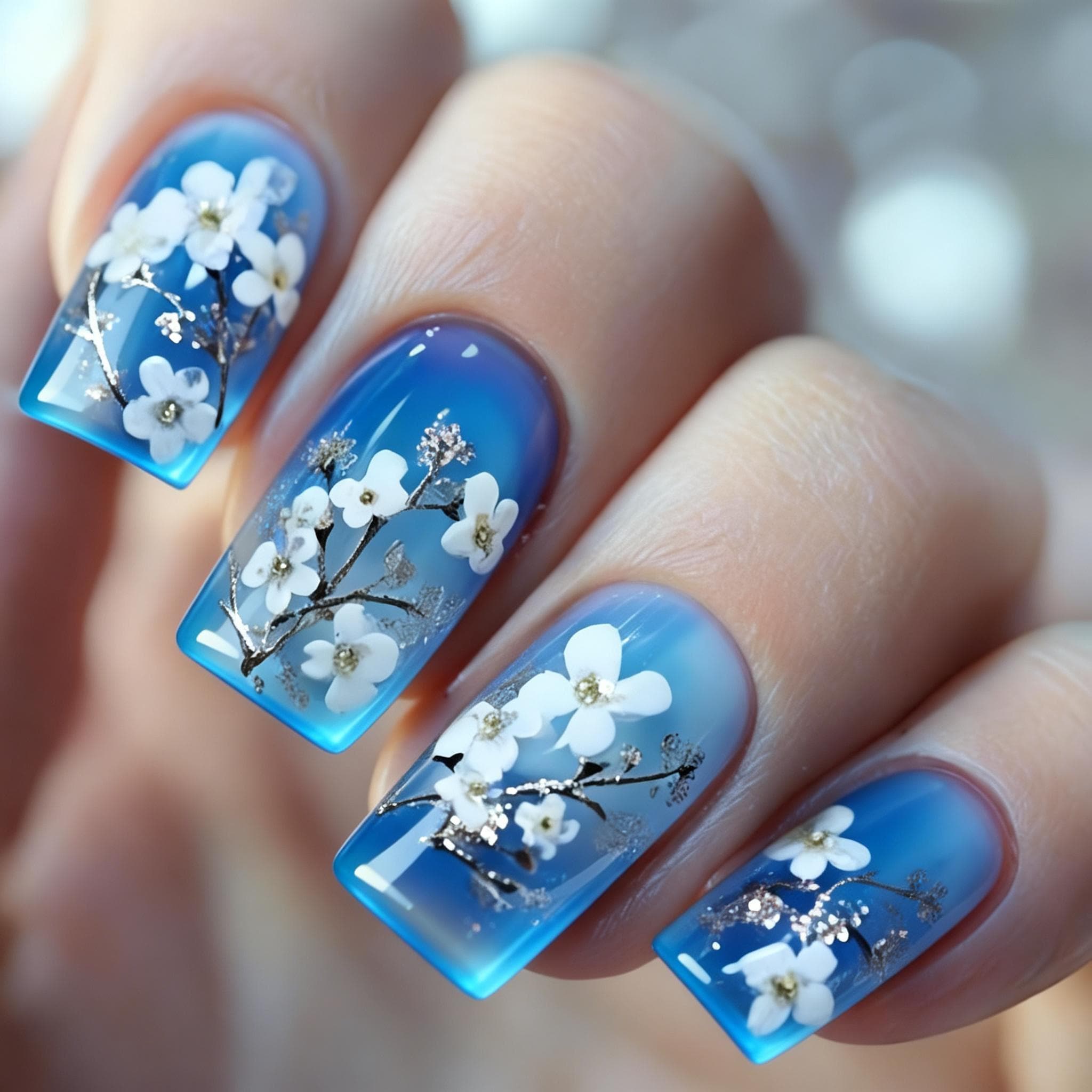 TEMU 24pcs Of Medium-length Blue-themed Nails With White Flower Gradient Design, Square-shaped, Removable Press-on Nails, Easy And Stylish False Nails For Women