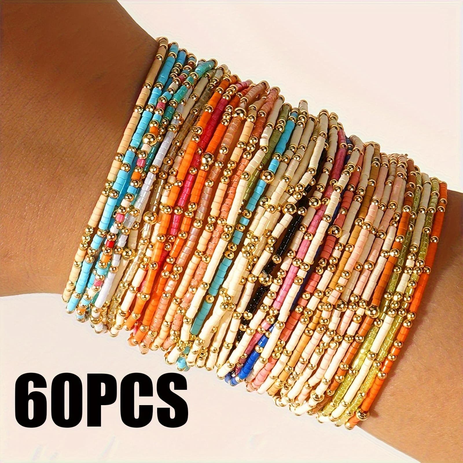 TEMU 60pcs Pieces Bohemian Seed Bead Bracelets - Elastic Stretch Beaded Jewelry With Random Multicolor Beads Suitable For Women &, Casual Attire, Parties, Festivals