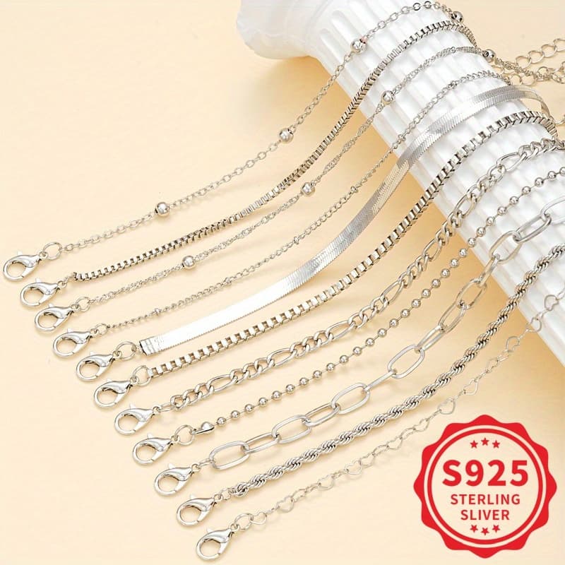 TEMU 925 Sterling Silvery Women' Twisted Snake Bone Chain Bracelet Set(11pcs), Perfect For Vacations, Gifts, And Casual Attire.
