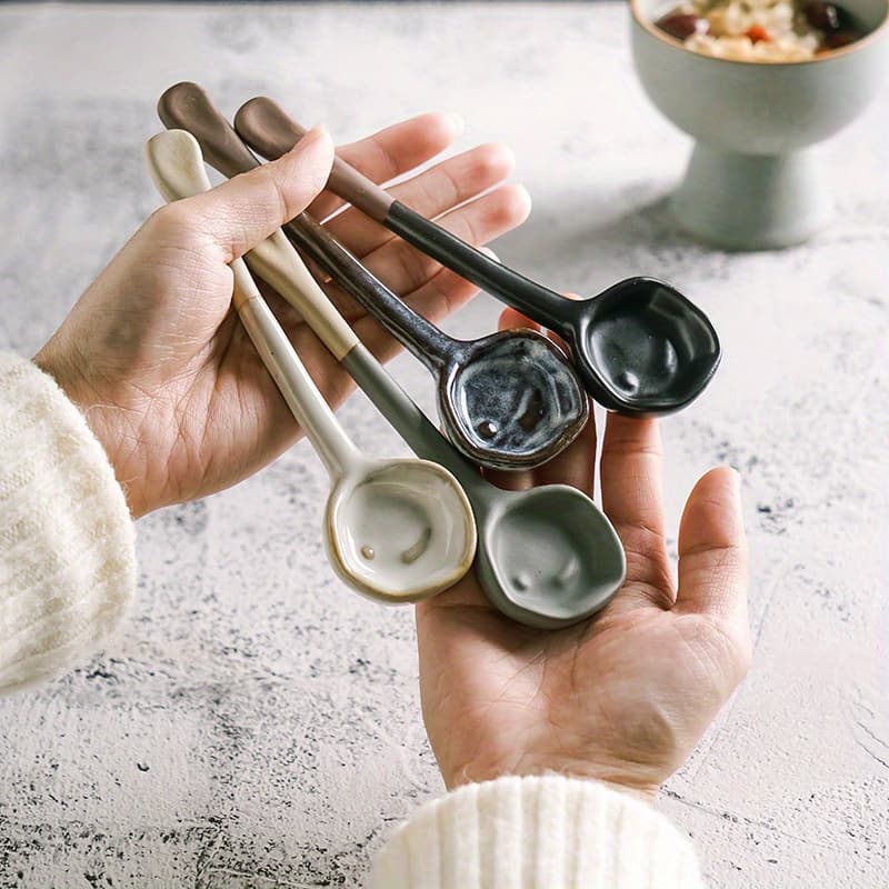 TEMU 4pcs Retro European Ceramic Spoons - Heat-resistant Ceramic Stirring Utensils Suitable For Soup, Salad, Coffee, Desserts - Vintage Tableware For Home, Dorm, Restaurant - Gift Set ( &)