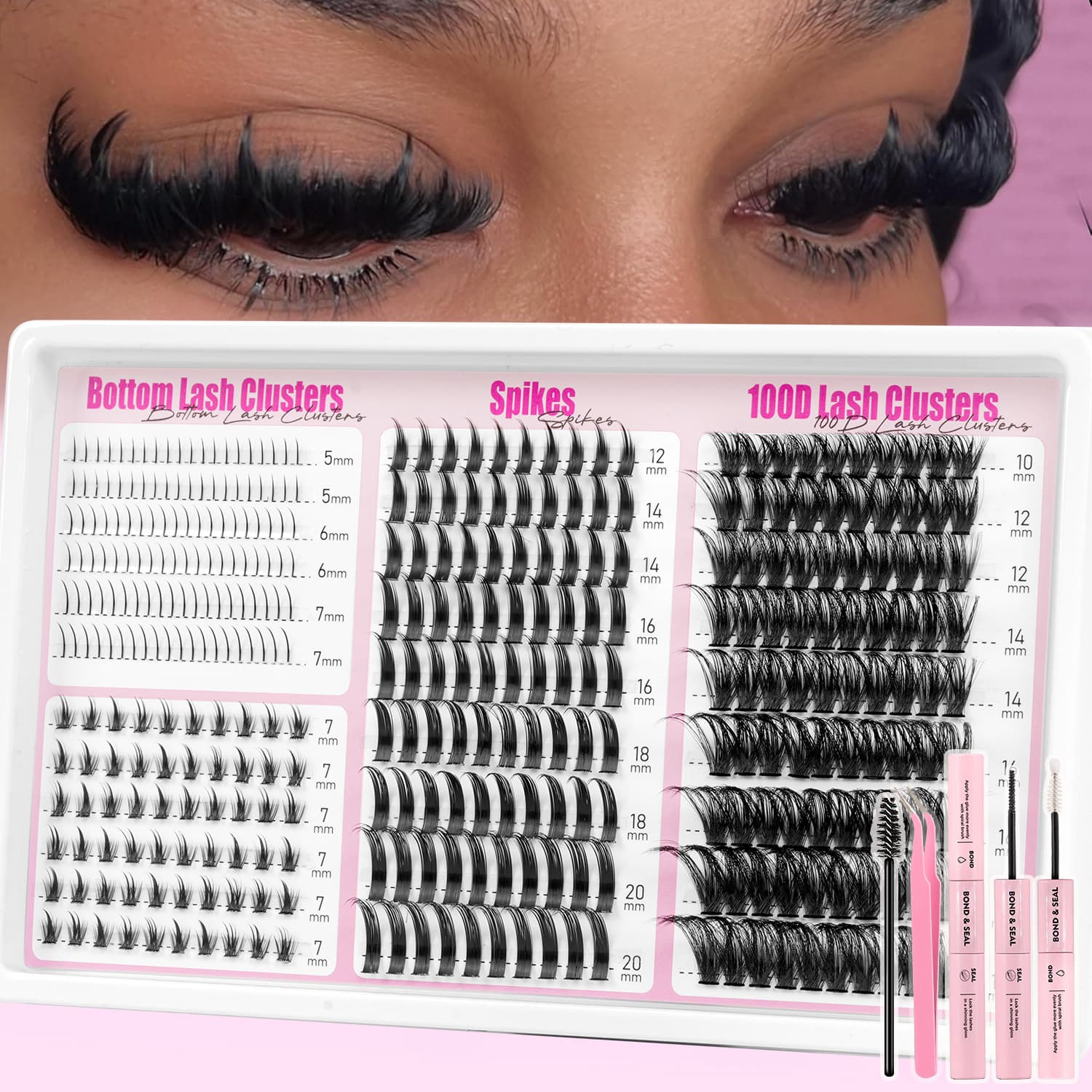 TEMU Wispy Individual Lashes 360pcs Cluster Kit C Mixed Spikes Bottom And 100d Lashes Long Lasting Reusable Soft Cluster Eyelashes For Party And Daily Use Beginner Friendly