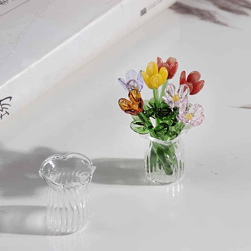TEMU 5pcs Random Flowers Bohemian Style Mini Glass Bouquet Craft Photography Props Decor Perfect Gift With Small Vase
