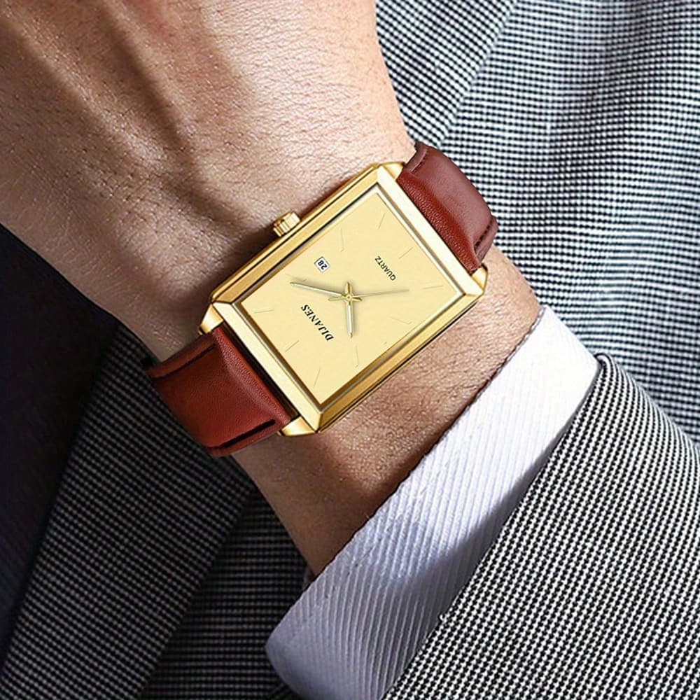 TEMU Men's Retro Square Watch With Date Calendar, Quartz Movement & Display - Elegant Square Face Business Casual Wristwatch, Compatible For & Casual Outfits