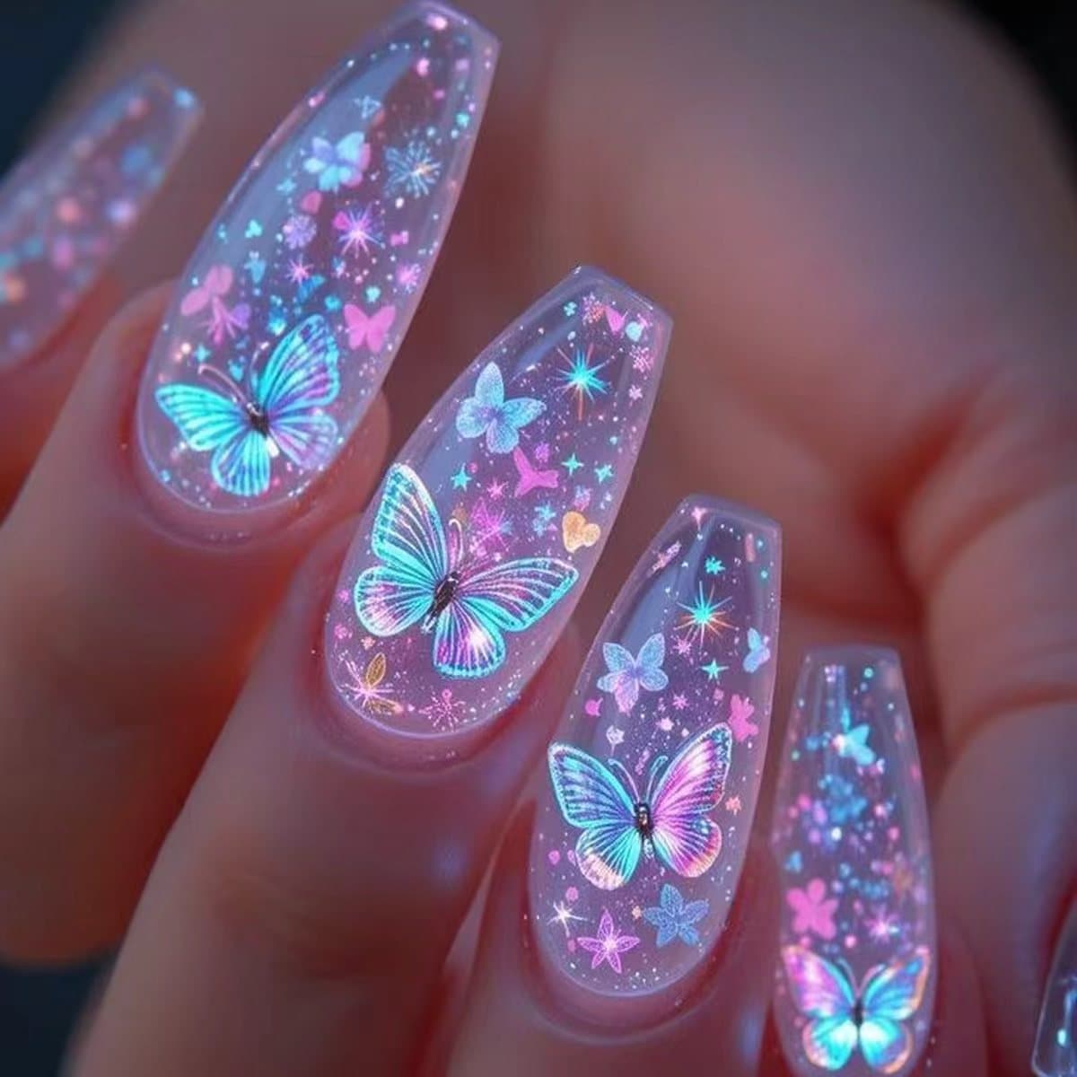 TEMU 48pcs Valentine's Day Holographic & Multicolor Gloss Ballet Nails - Long Transparent Press- Nail Tips Suitable For Romantic Dates, Parties, Weddings - Spring Summer Nail Art Manicure