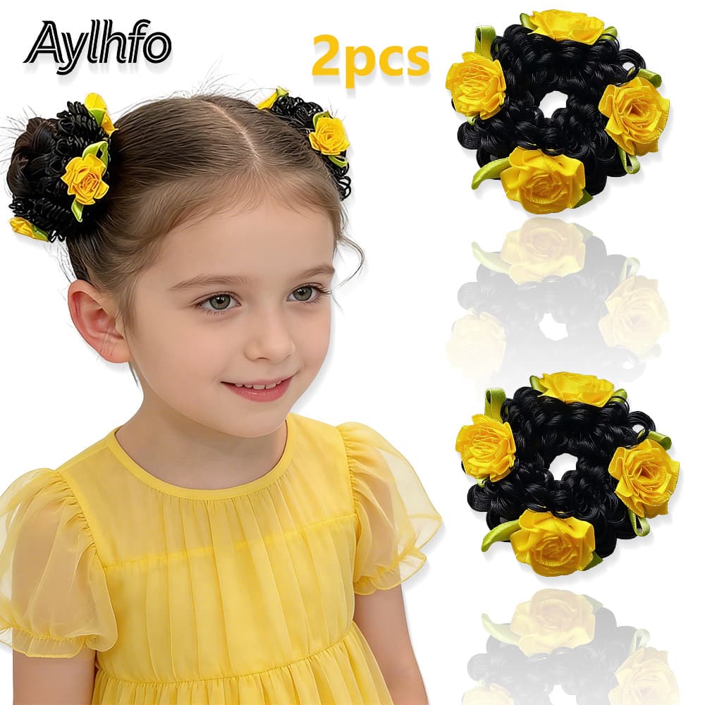 TEMU 2pcs Aylhfo Spring ' Colorful Flower Wig Scrunchies, Cute Bohemian Style Fabric Flower Wig Ponytail Hair Ties, Suitable For Daily And Holiday Party Wear