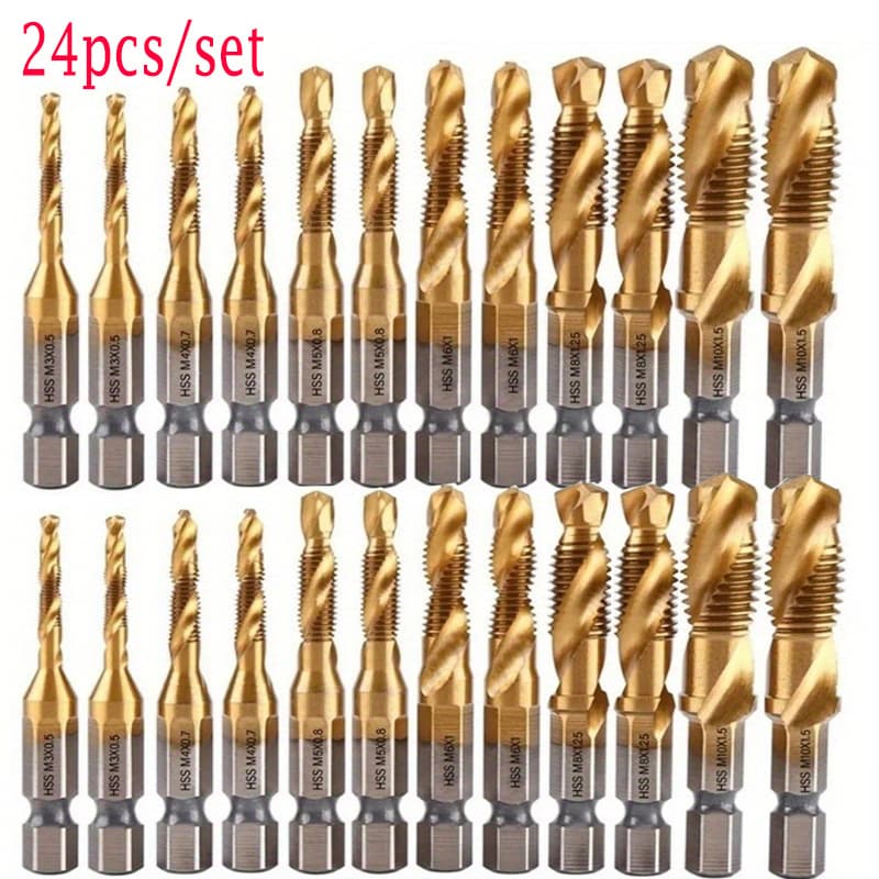 TEMU 24pcs Drill Bit Set Hexagonal Shank Thread Drill Bit Screw Machine Composite Tap Coating Steel Wire Cone Drill Bit Set