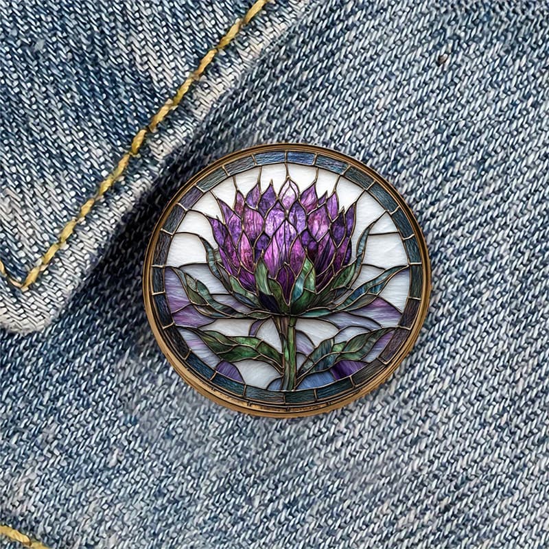 TEMU 1pc Floral Stained Glass Round Brooch Badge For Backpacks, Hats, Clothes, Shoes, And Boots Decoration. This Stunning Brooch Features A Vibrant, Purple Of Stained Glass Art