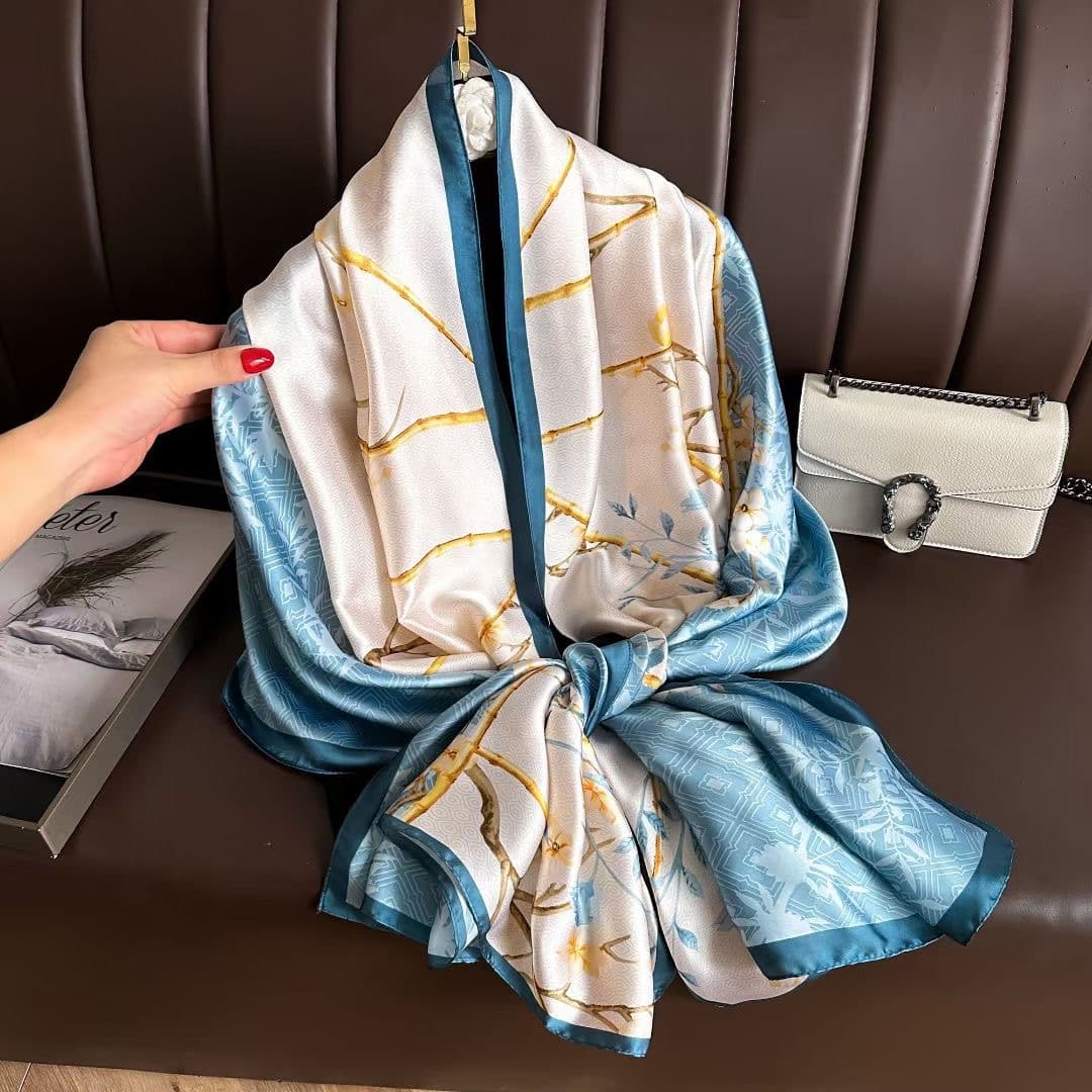 TEMU Elegant 100% Satin Scarf - 67x21 Inch Printed Shawl With , Light Blue & Golden Accents, Breathable & Sun-protective For Casual , Headscarf | Floral Print Scarf | Texture