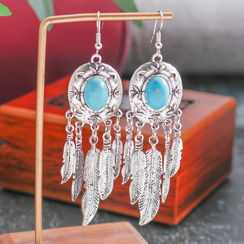 TEMU Bohemian Ethnic Style Turquoise Accessories, Antique Silvery Tassel Feather Earrings, Gifts For , Women's , Christmas Gifts,