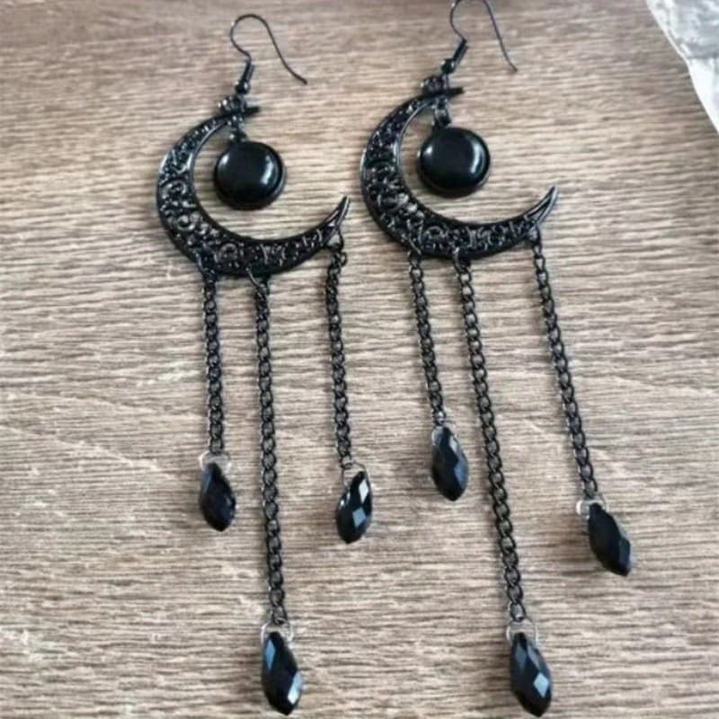 TEMU Vintage Halloween Hollow Black Moon Long Tassel Synthetic Gemstone Pendant Unique Gothic Earrings For Everyday And Party Wear