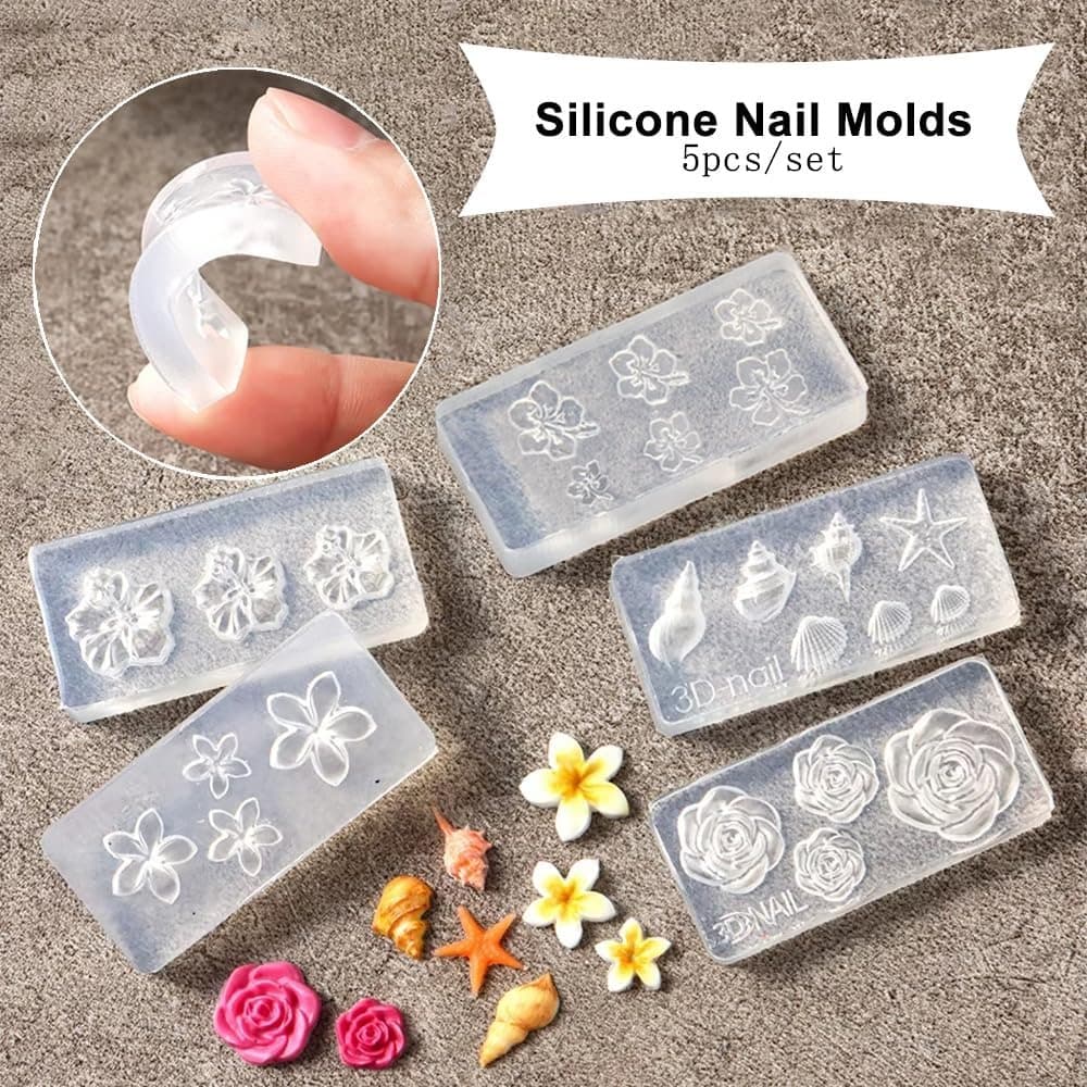 TEMU 5pcs Floral Resin Nail Mold Silicone Nail Art Decoration Rose Cherry Plumeria Pattern Reusable Floral Carving Mold Nail Design Special Mold Manicurist Handmade Essential Tool