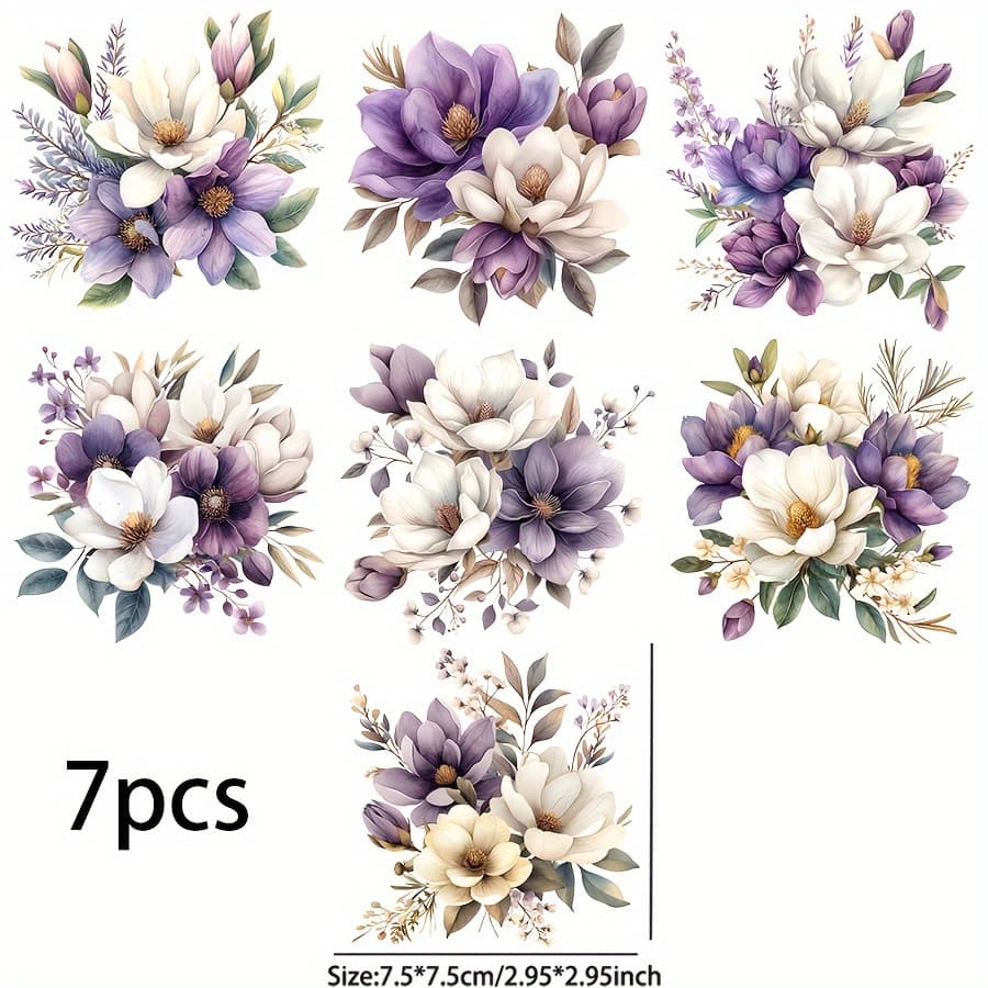 TEMU 7pcs Purple Flower Uv Dtf Transfer Paper- Pvc Waterproof, With Crystal Decoration, Suitable For Cups, Bottles, Laptops- Glossy Finish, Rectangular- Diy Craft Supplies Decoration