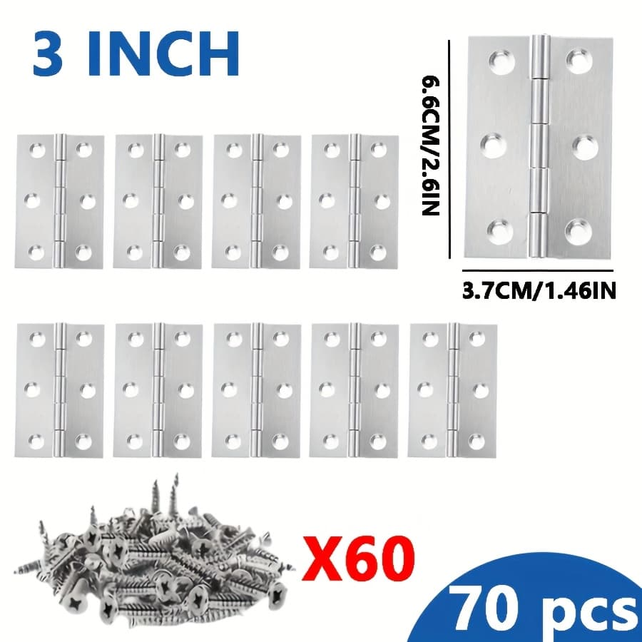 TEMU 70pcs Polished Stainless Steel Flat Hinges- Suitable For Cabinet Doors, For Home Windows, And Drawer Projects, Essential Hardware Additions For Home And Office Use- 10 Hinges+ 60 Screws