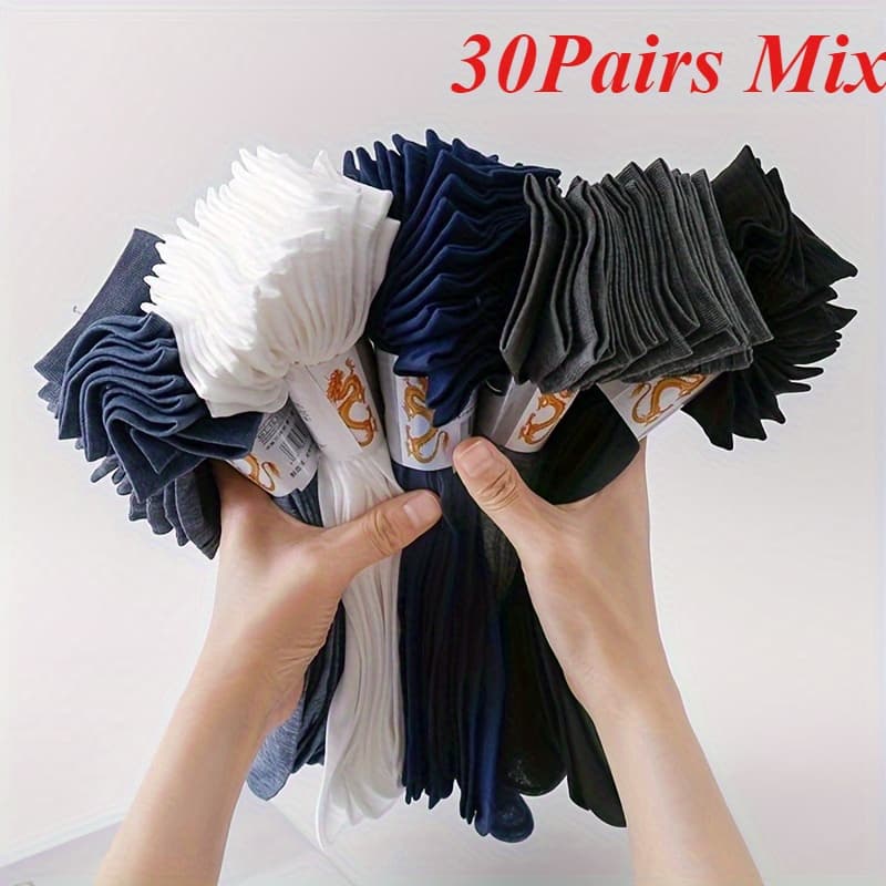 TEMU 30pairs Men' Color Anti Odor & Sweat Absorption Thin Crew Socks, Comfy & Breathable Socks, For Daily & Outdoor Wearing, Spring And Summer