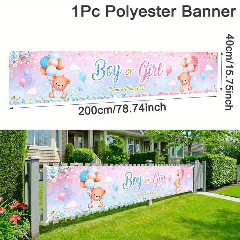 TEMU 1pc Blue & Pink Bear Baby Banner Polyester - Gender Reveal & 1st Birthday Decor For Garden Showers, Nursery Room & Teddy Bear Theme Parties