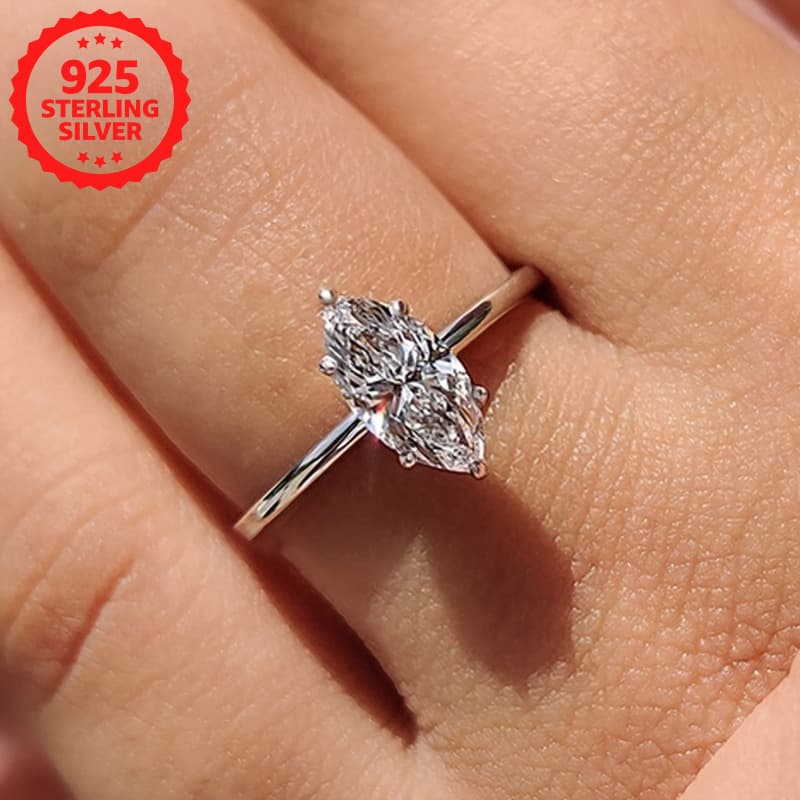 TEMU 925 Sterling Silver Shaped Moissanite Ring, Engagement Ring, Eternal Ring, Ladies' , The Best Commemorative Gift For Her