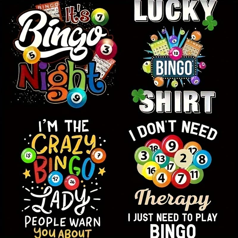 TEMU Set Of 4 Crazy Bingo-themed Heat Transfer Stickers For Women - Mixed Colors Suitable For T-shirts, Sweatshirts, And Hoodies