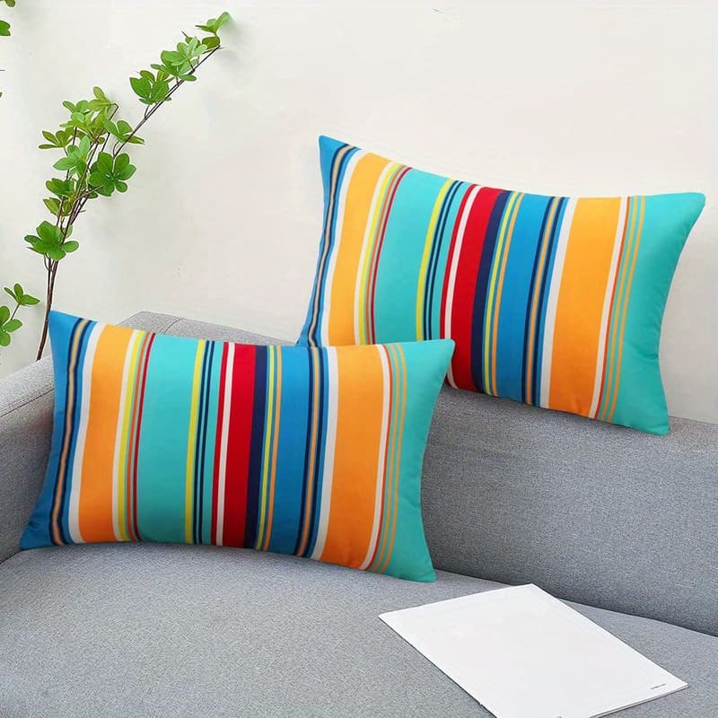 TEMU 2pcs Turquoise Blue And Orange Striped Outdoor Throw Pillow Covers - Contemporary Beach House Decor, 12x20 Inch Single-sided Cushion Cases With Zipper Closure, Machine Washable For Patio, Garden