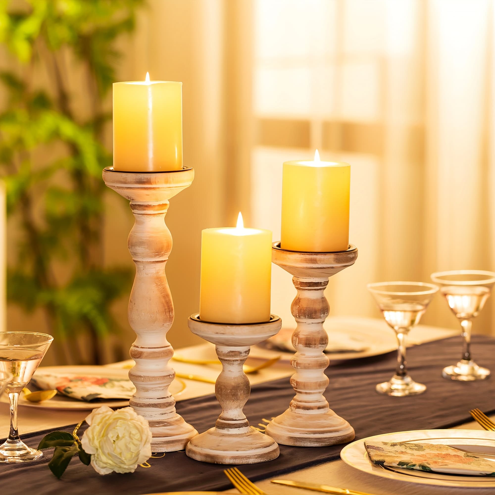 TEMU Set Of 3 Wooden Candle Holders For Pillar Candles, Rustic Candle Stands For Table Centerpiece And Fireplace Home Decoration