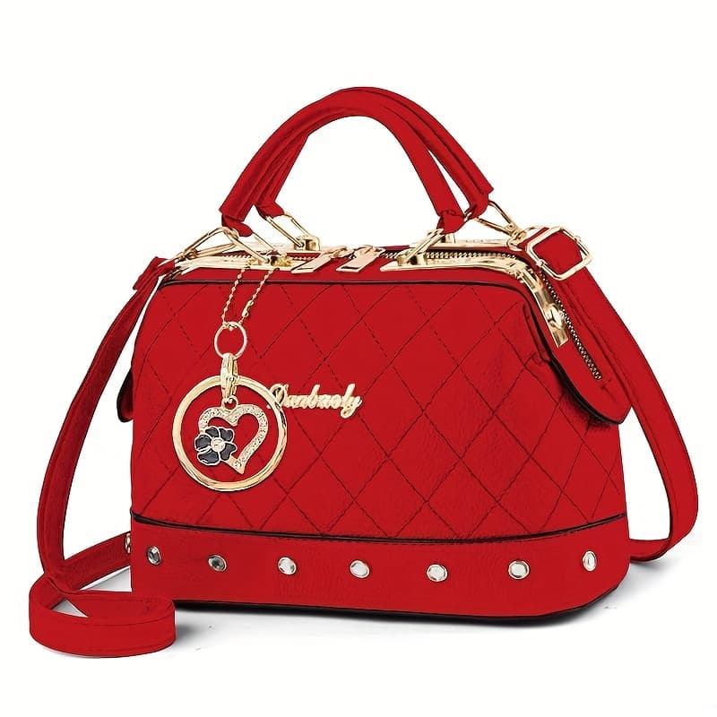 TEMU Black Quilted Boston Bag With And Adjustable Shoulder Strap- Elegant Heart-shaped Decoration, , And Fashionable Rivet Details