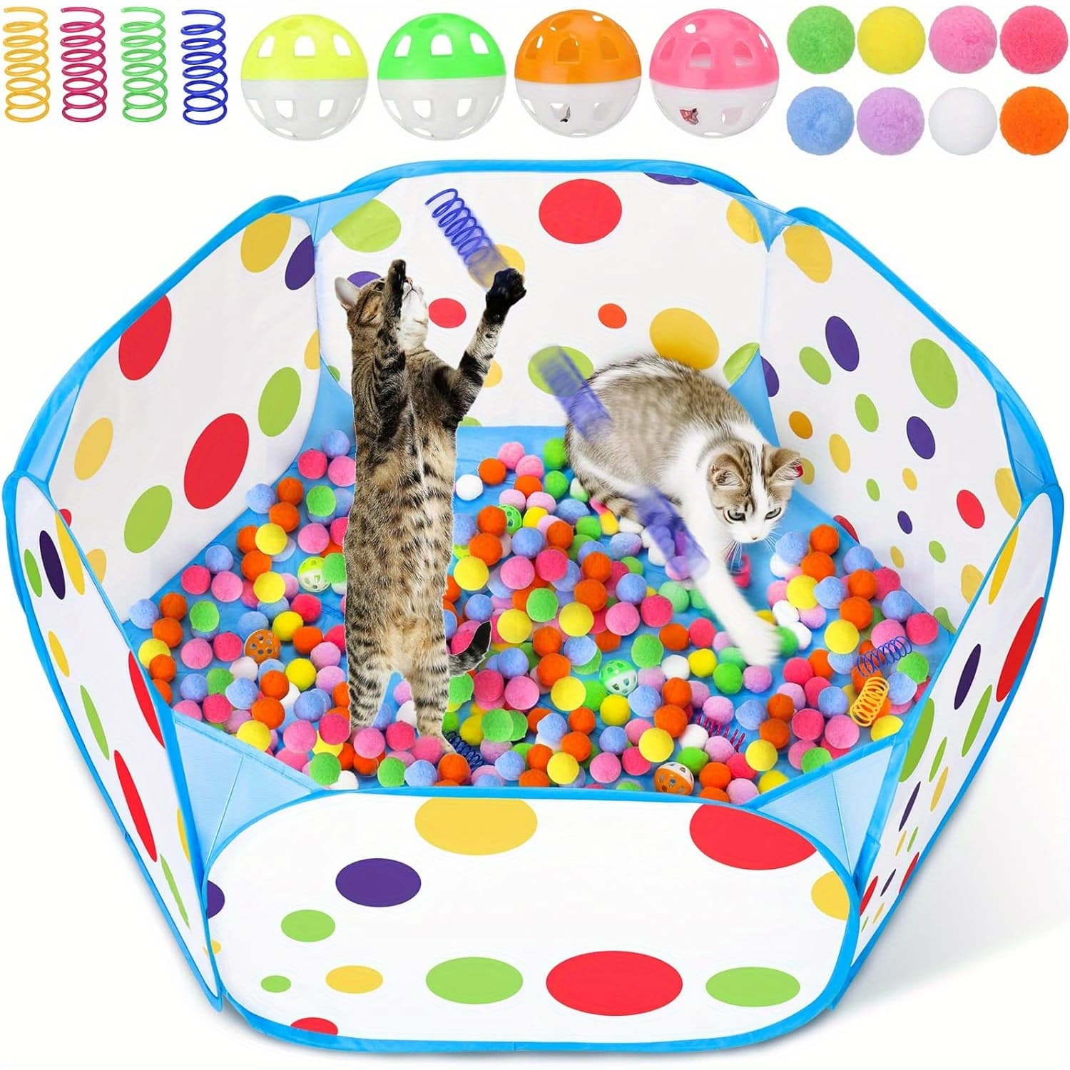 TEMU 12pcs Cat Ball Pit With Colorful Balls And Springs For Indoor Cat Interaction, Durable Polyester Playpen, Exercise And Intellectual Stimulation, , Materials