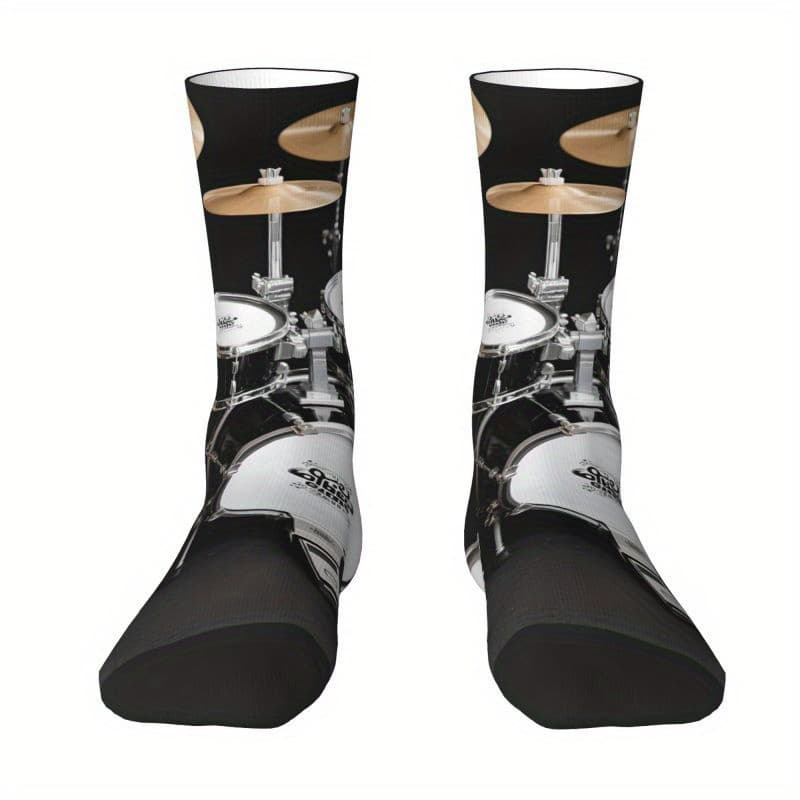 TEMU 3d Drum Set Print Socks - Black Polyester Knit, Machine Washable, Casual & For , Festive |3d Print Socks|stretchy Fabric