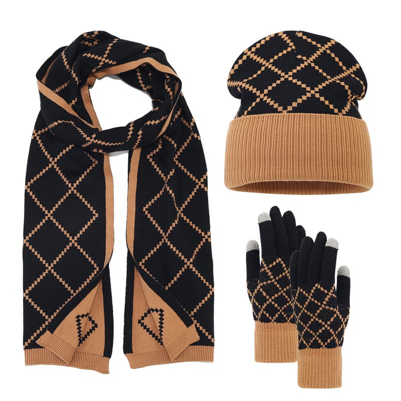 TEMU Set Of 3 Adult Knitted Hat, Gloves, And Scarf, Winter Outdoor Cold-resistant Diamond Check Beanie, Ideal For Everyday Use Fleece Hat, And Scarf Set