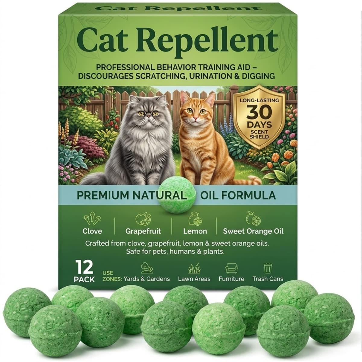 TEMU Premium Natural Oil Cat Deterrent Balls - 12 Count, , Grapefruit, Lemon & Sweet Formula, Discourage Cat Behavior For Garden, Lawn & Home, Without Battery