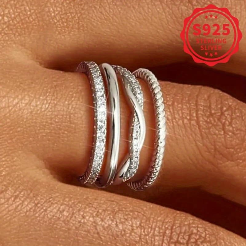TEMU 4pcs Set Of 925 Sterling Silvery Twist Halo Rings For Women - Fashionable, Stackable, Suitable For Daily And Party Wear
