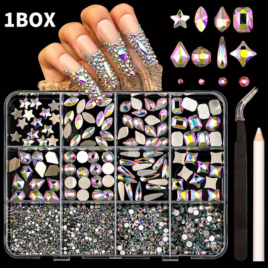 TEMU 500pcs Mixed Flat Nail Set, Of Women's Nails, Red Glitter Powder Ab Coated Nail Art Decorations, Suitable For Nail Art, Clothing And Additions, Free Tweezers And Point Diamond Pens - Flash