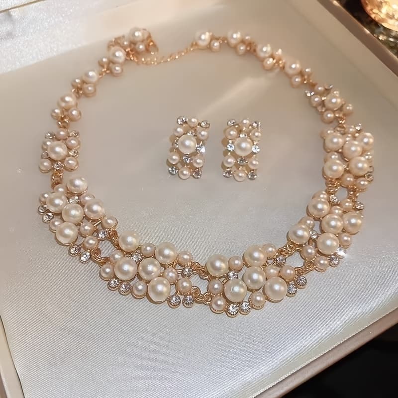 TEMU French Style Pearl Necklace And Earrings Set | Light Luxury And High-end Feel, Suitable For Women's Parties, Birthdays, Bridal Wedding Jewelry Set