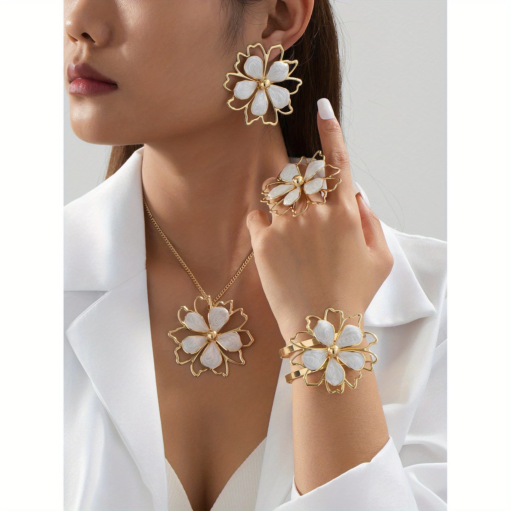 TEMU 5pcs Of Fashionable Trendy Oil-drop Elegant Sweet For Lotus Double-layer Hollow Three-dimensional Flower Ring Bracelet Earring Necklace Women's Party Birthday Gift