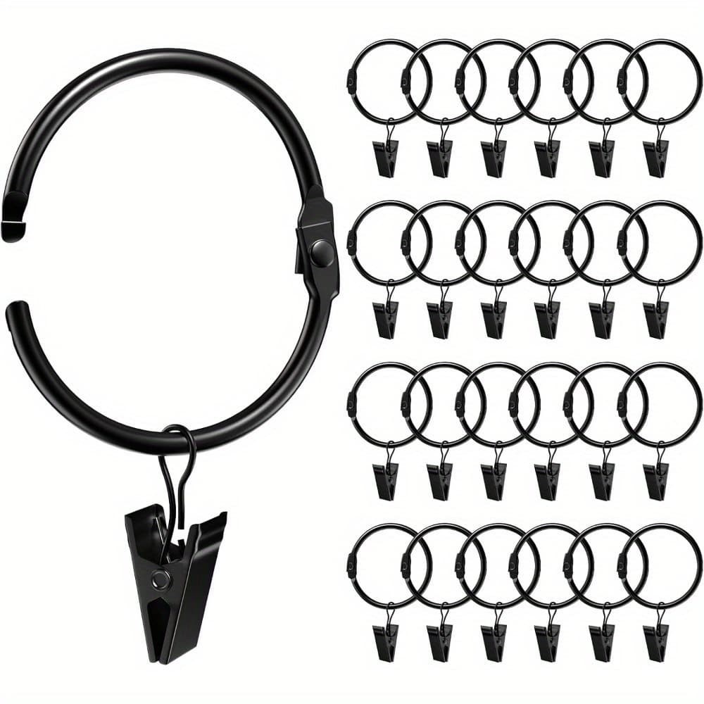 TEMU 24 Pack 2 Inches Curtain Rings With Clips, Openable Drapery Metal Clip Iron Drapes Hangers Decorative For Windows Rods Rustproof, Black