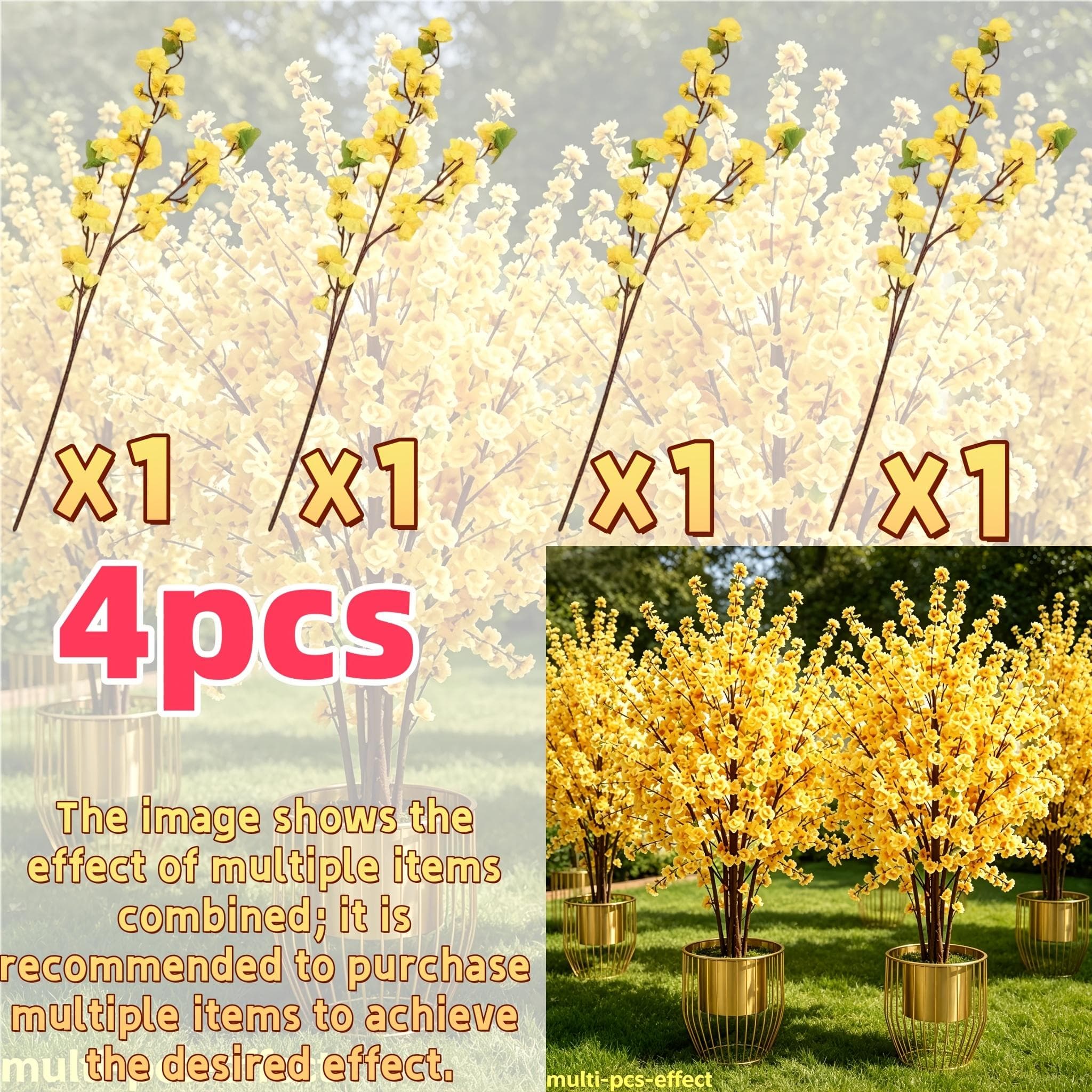 TEMU 4pcs Large Artificial Yellow Cherry Trees Suitable For Indoor/outdoor Decoration, Dense Branches With Realistic , Maintenance-free Plastic Trees For Wedding,,, Use (no Container Included)