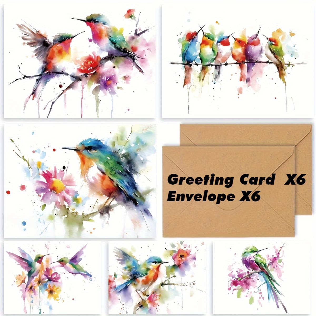 TEMU 12 Pack Watercolor Hummingbird Greeting Cards With Envelopes - 6 Unique Hand-painted | Cards For Weddings, Thank & Holidays | Elegant All-occasion Stationery Set